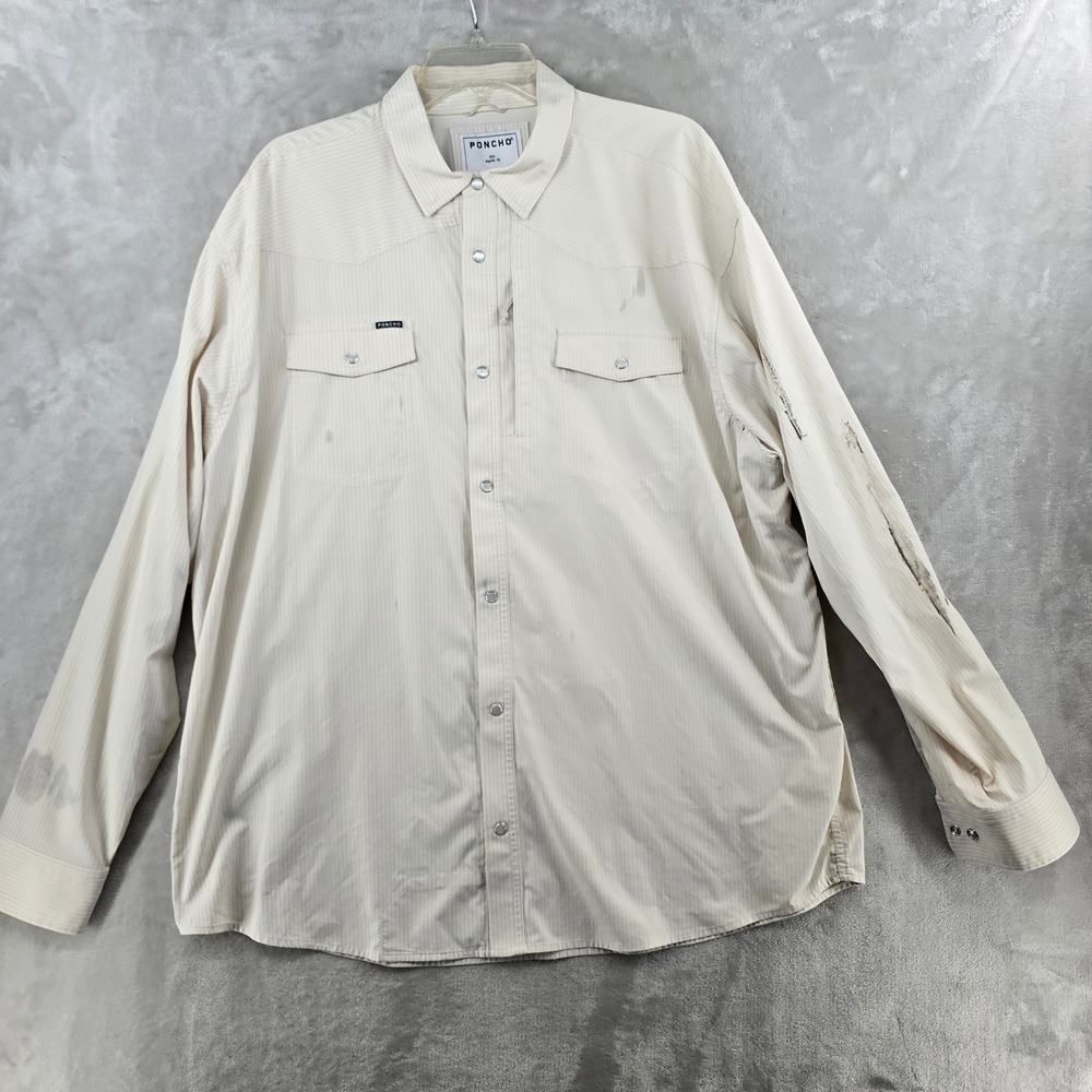 Poncho Western Shirt Mens XXL Tan Striped Pearl Snap Long Sleeve STAINS **